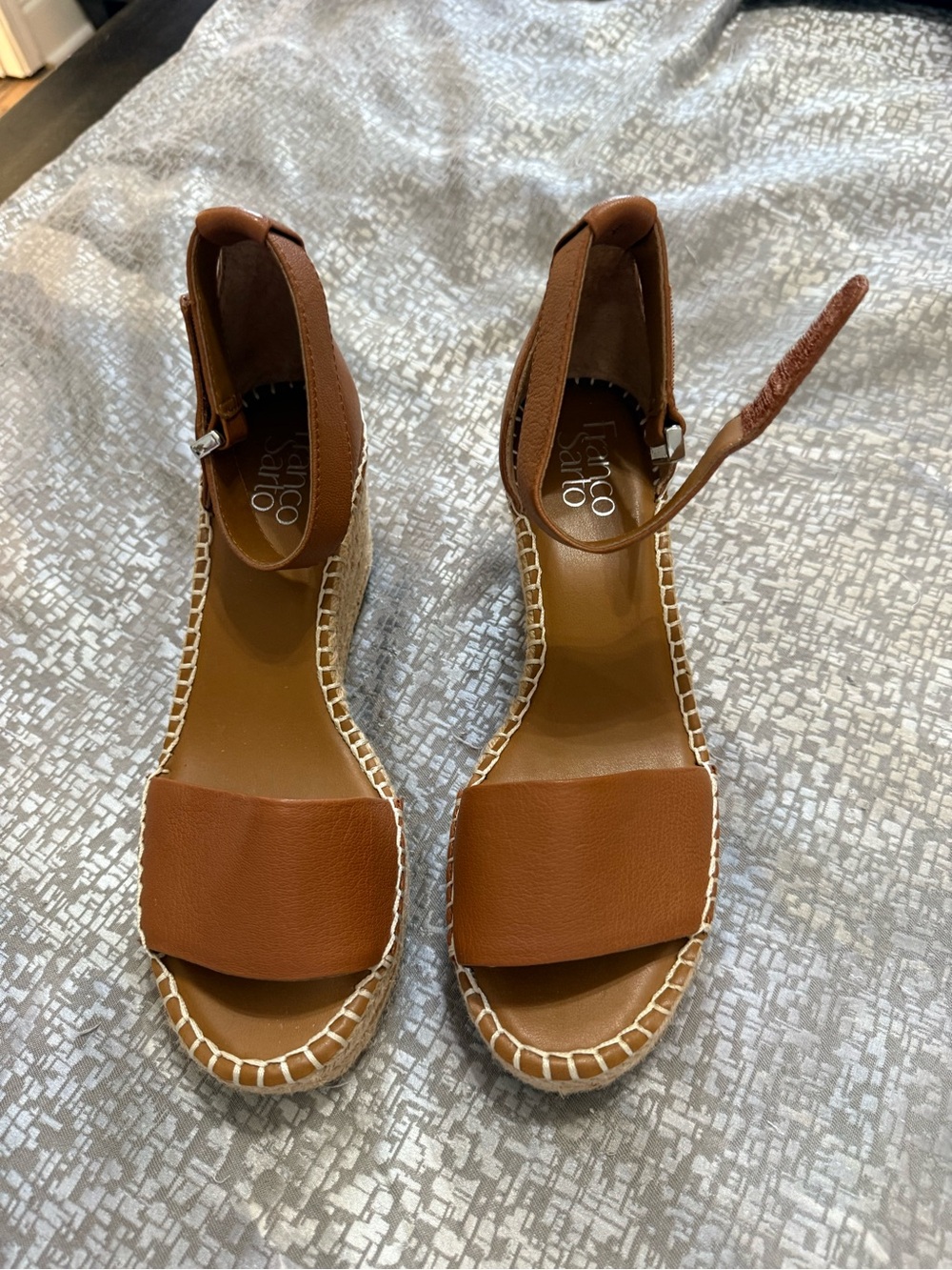 Franco Sarto Brown Leather Espadrille Wedge Sandals with Ankle Strap
